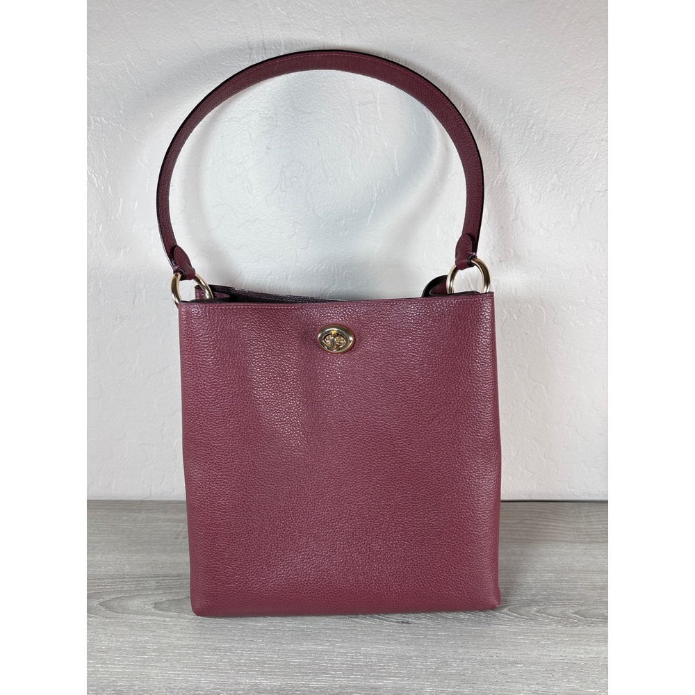 Coach Red Pebbled Leather Charlie Bucket Shoulder Bag Handle Turnlock Burgundy